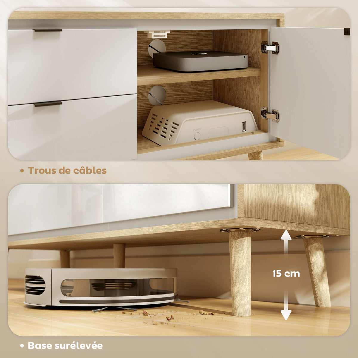 Meuble TV, meuble télé pour jusqu'à 55 pouces, 2 portes à haute brillance, 2 tiroirs silencieux, 120 x 35 x 50 cm, blanc