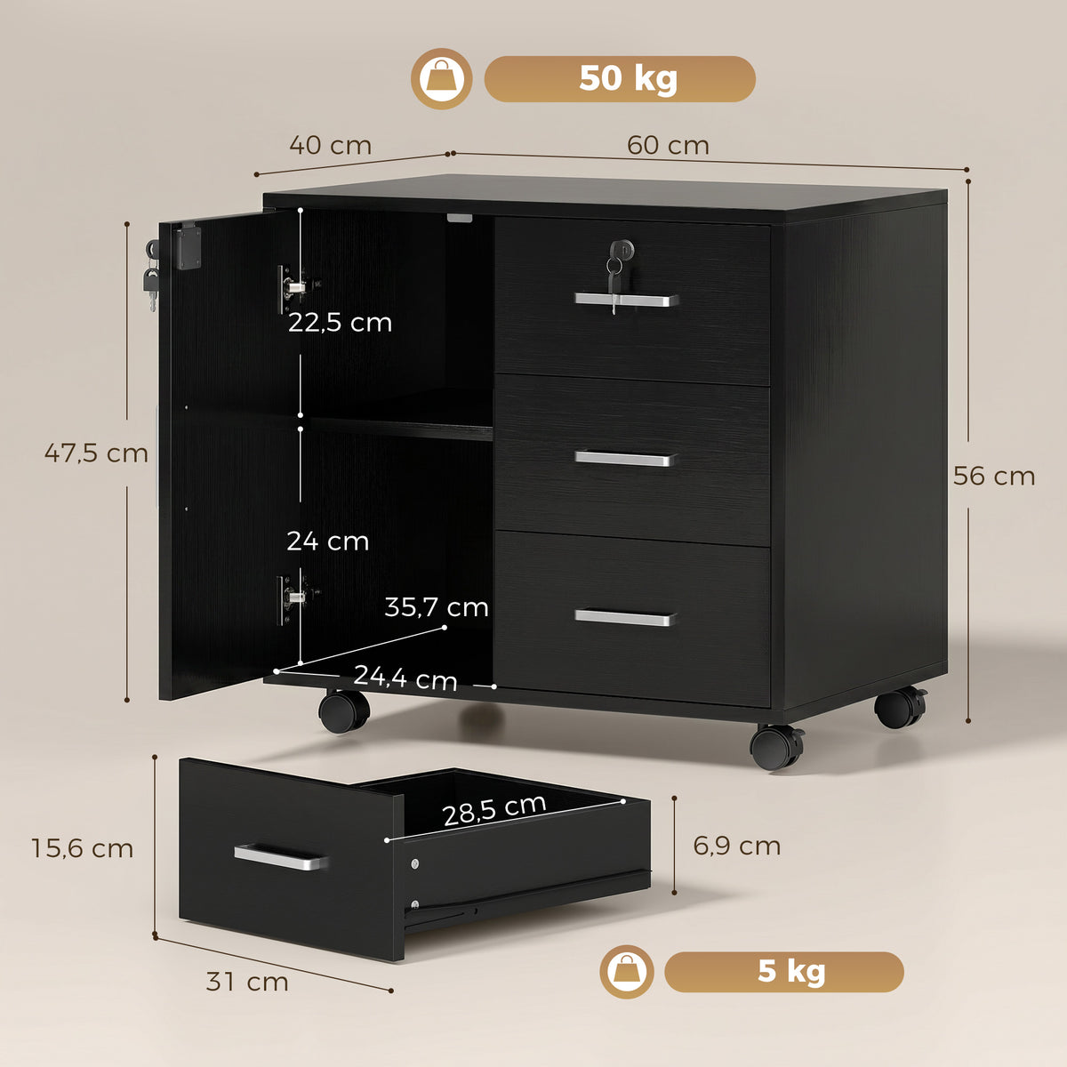 Caisson bureau meuble de rangement verrouillable avec 3 tiroirs et étagère réglable, roulettes, 40 x 60 x 56 cm, noir