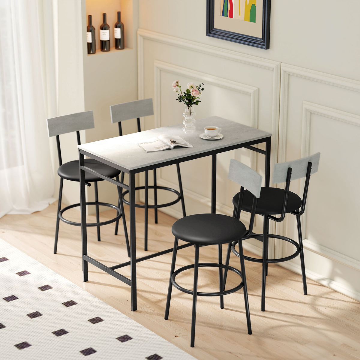 Conjunto de mesa de bar con taburetes, mesa de bar alta y 4 taburetes, estructura de acero, 110 x 55 x 90 cm, blanco