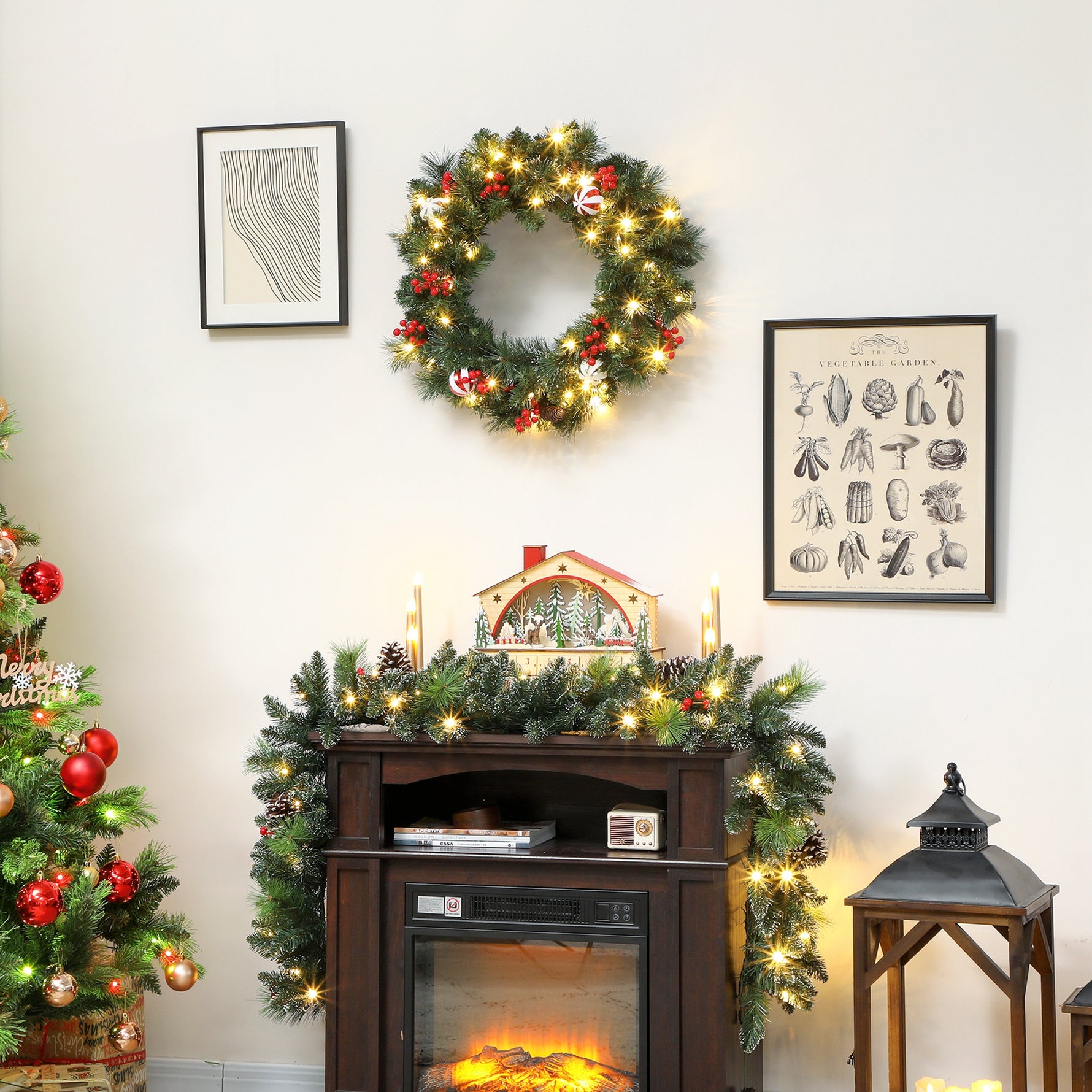 Couronne de Noël lumineuse 60 cm avec 50 LED, minuterie, 146 pointes, pommes de pin, baies, boules décoratives, vert