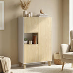 Buffet salon, meuble de rangement à 6 compartiments et portes à fermeture amortie, 80x40x135cm, blanc et bois naturel
