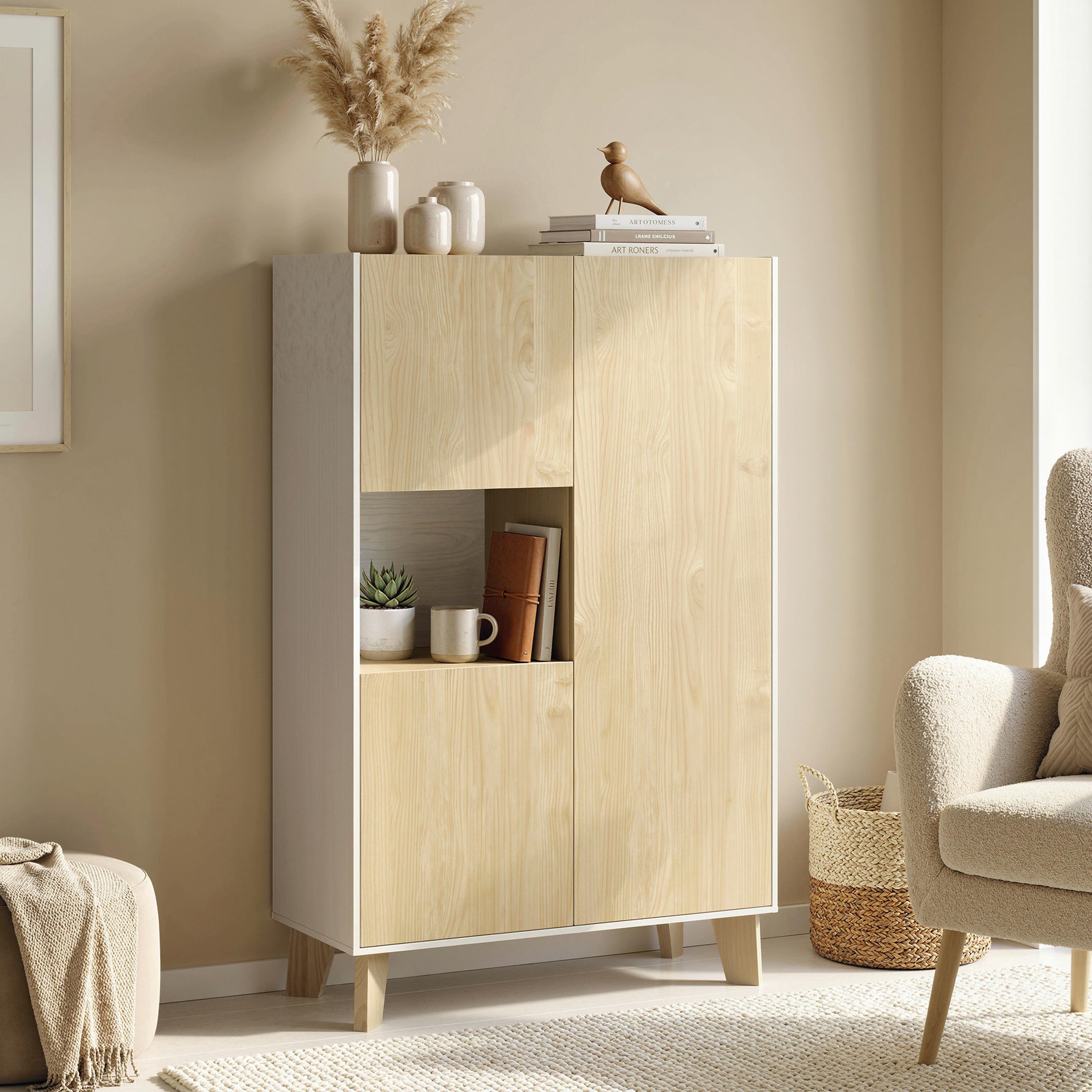 Buffet salon, meuble de rangement à 6 compartiments et portes à fermeture amortie, 80x40x135cm, blanc et bois naturel