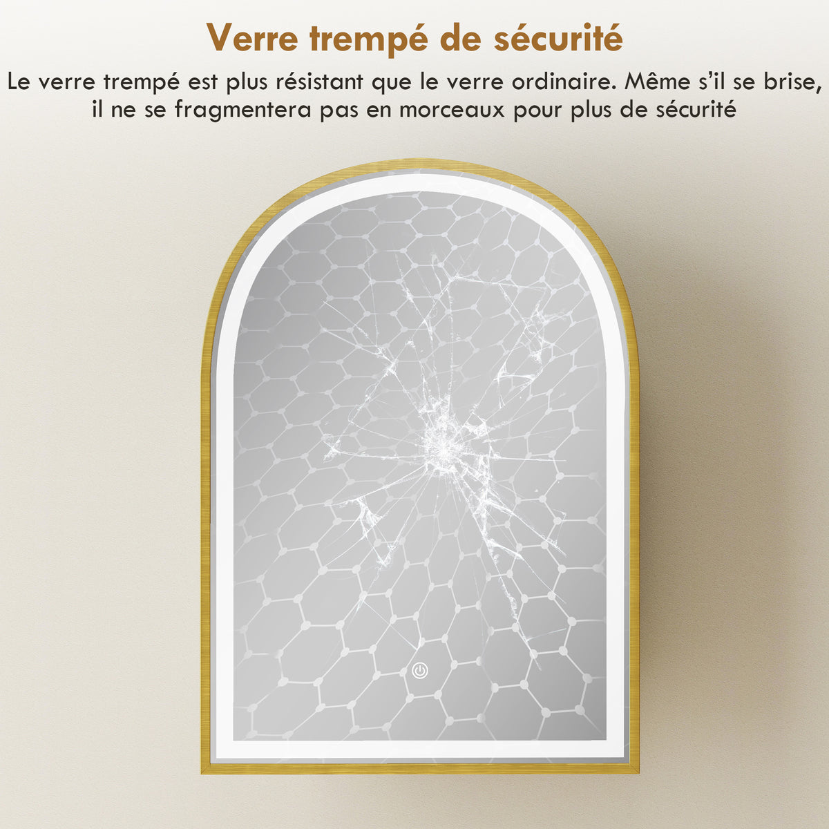 Armoire murale salle de bain avec miroir et éclairage LED, porte arquée, anti-buée, 50x14,5x70cm, doré
