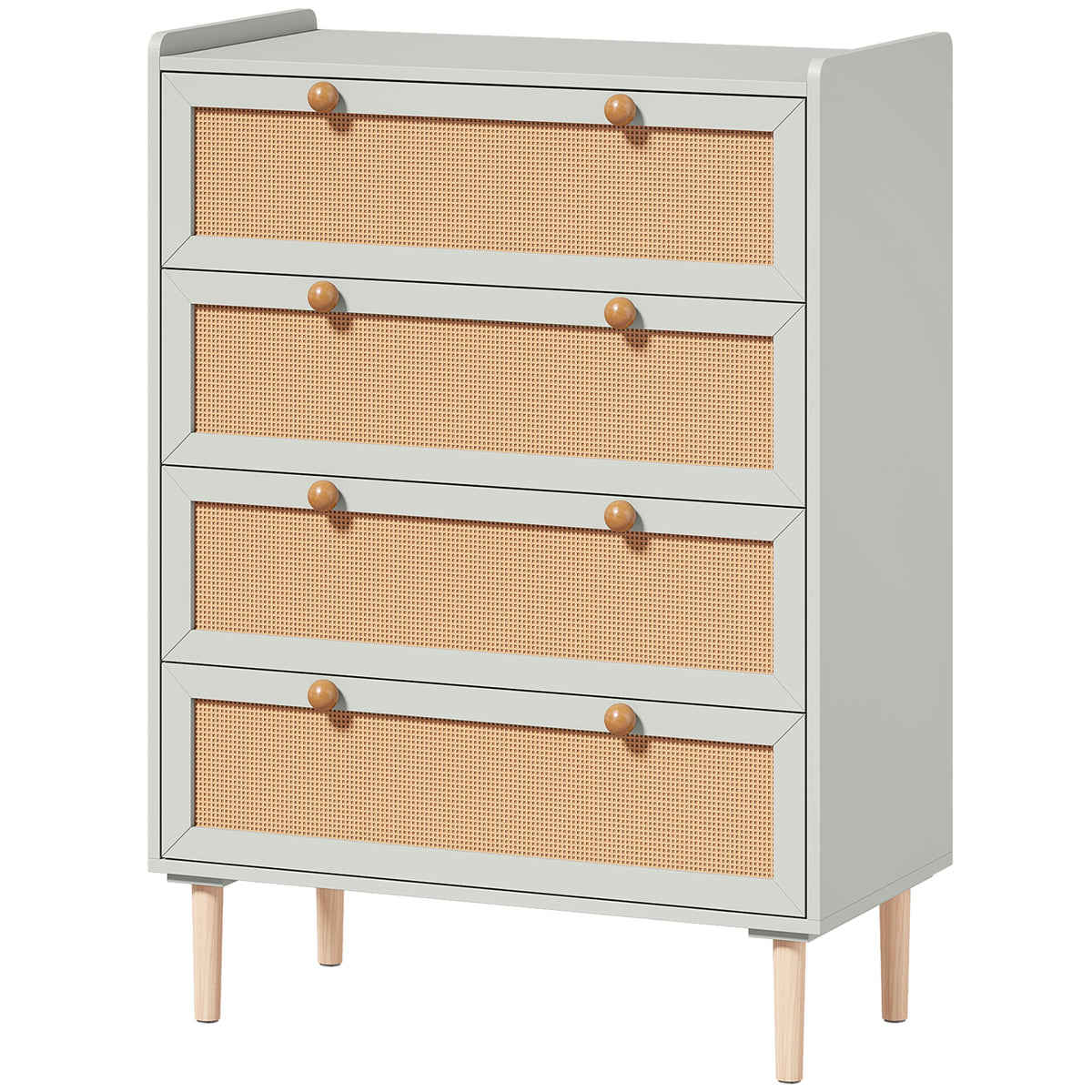 Commode 4 Tiroirs en Bois et Rotin PVC, Style Bohème, pour Chambre à Coucher, Entrée, Couloir, 80x40x109,2cm, Vert Sauge