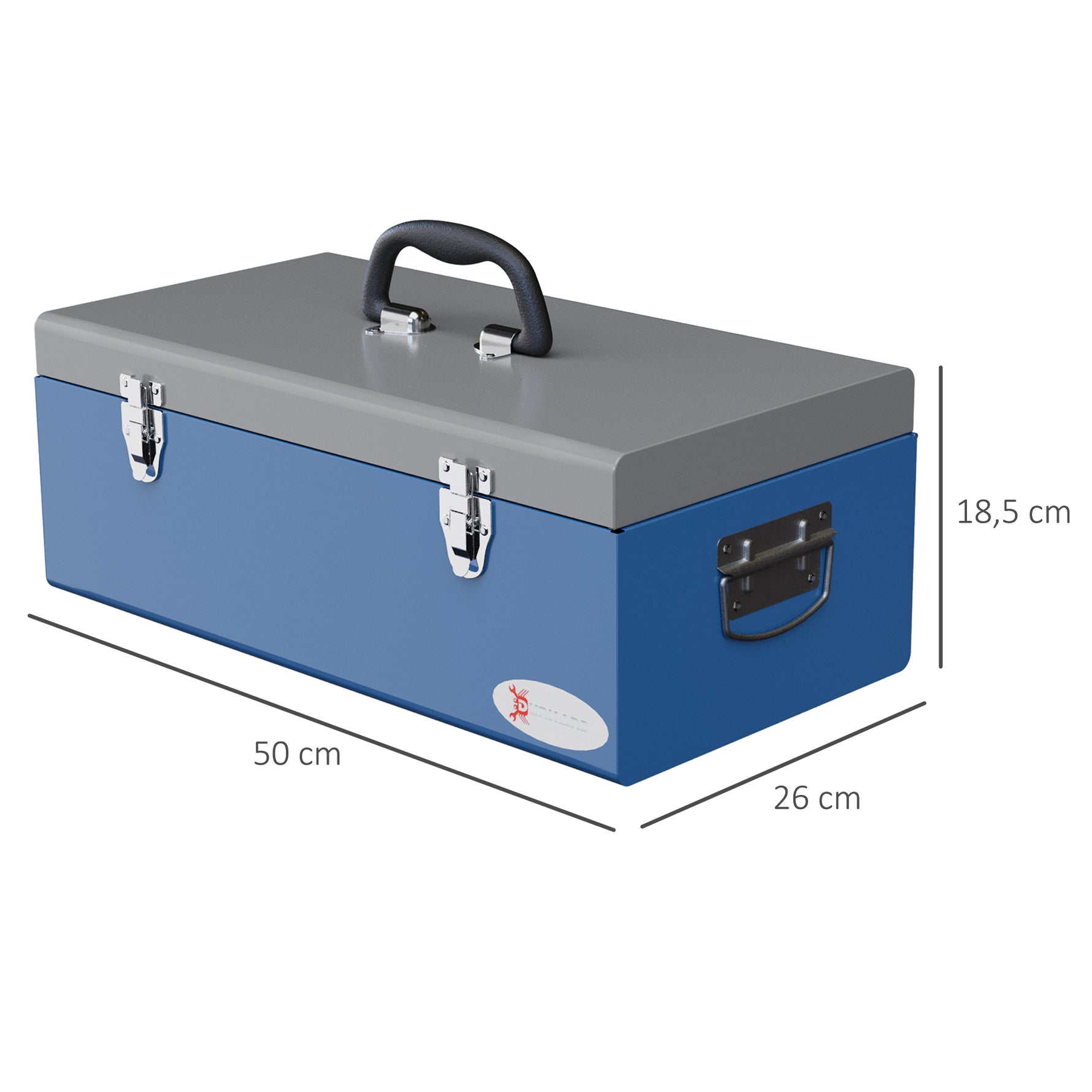 Caisse boite à outils en métal transportable avec 3 poignées, 2 loquets, dim. 50L x 26l x 18,5H cm, bleu