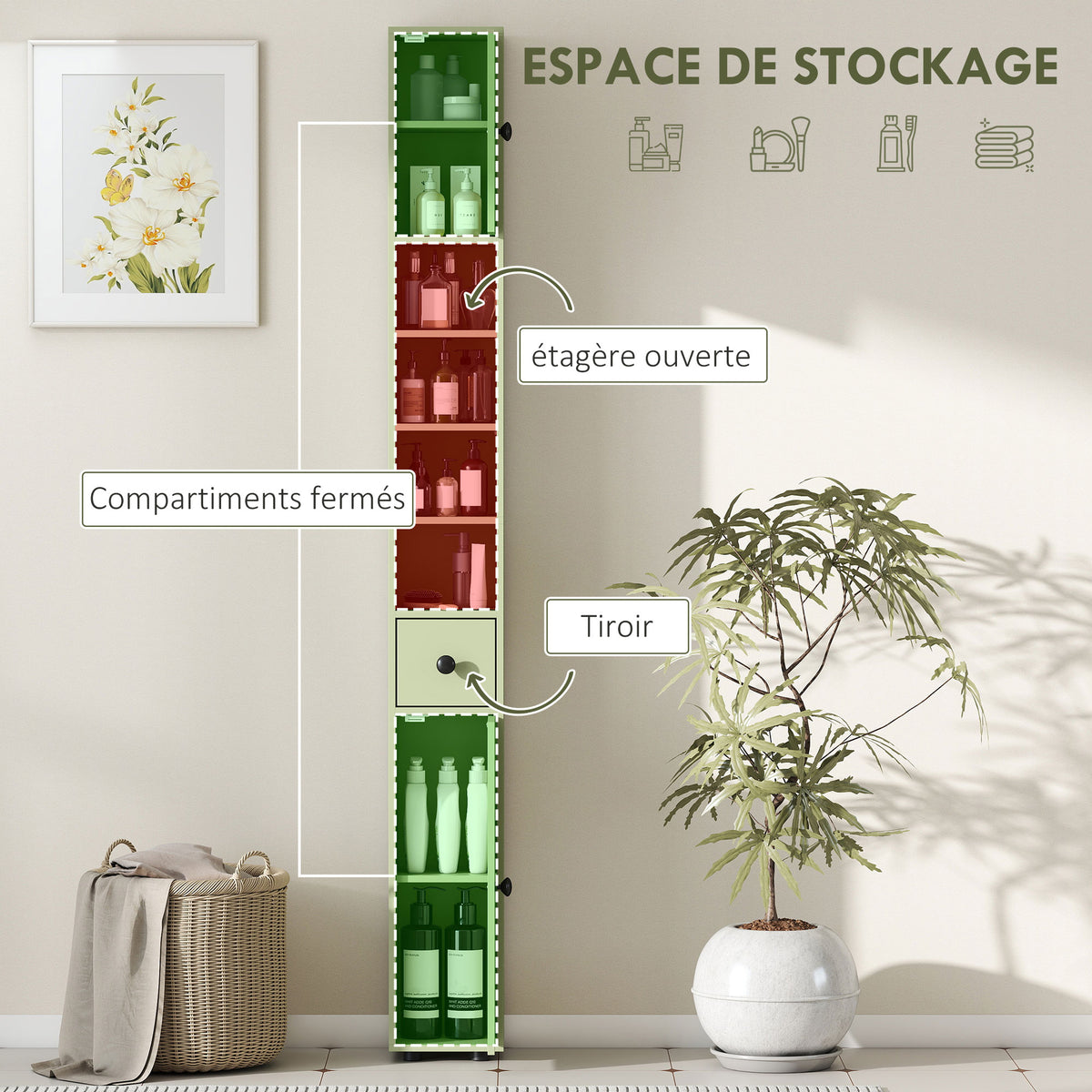 Tall bathroom storage cabinet, 1 drawer, 4 adjustable shelves and 2 cupboards, 20 x 20 x 180 cm, green