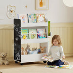Bibliothèque pour enfant avec roulettes, rangement livre enfant de 3 à 8 ans avec tableau noir, 66,5x32,5x86,5cm, blanc