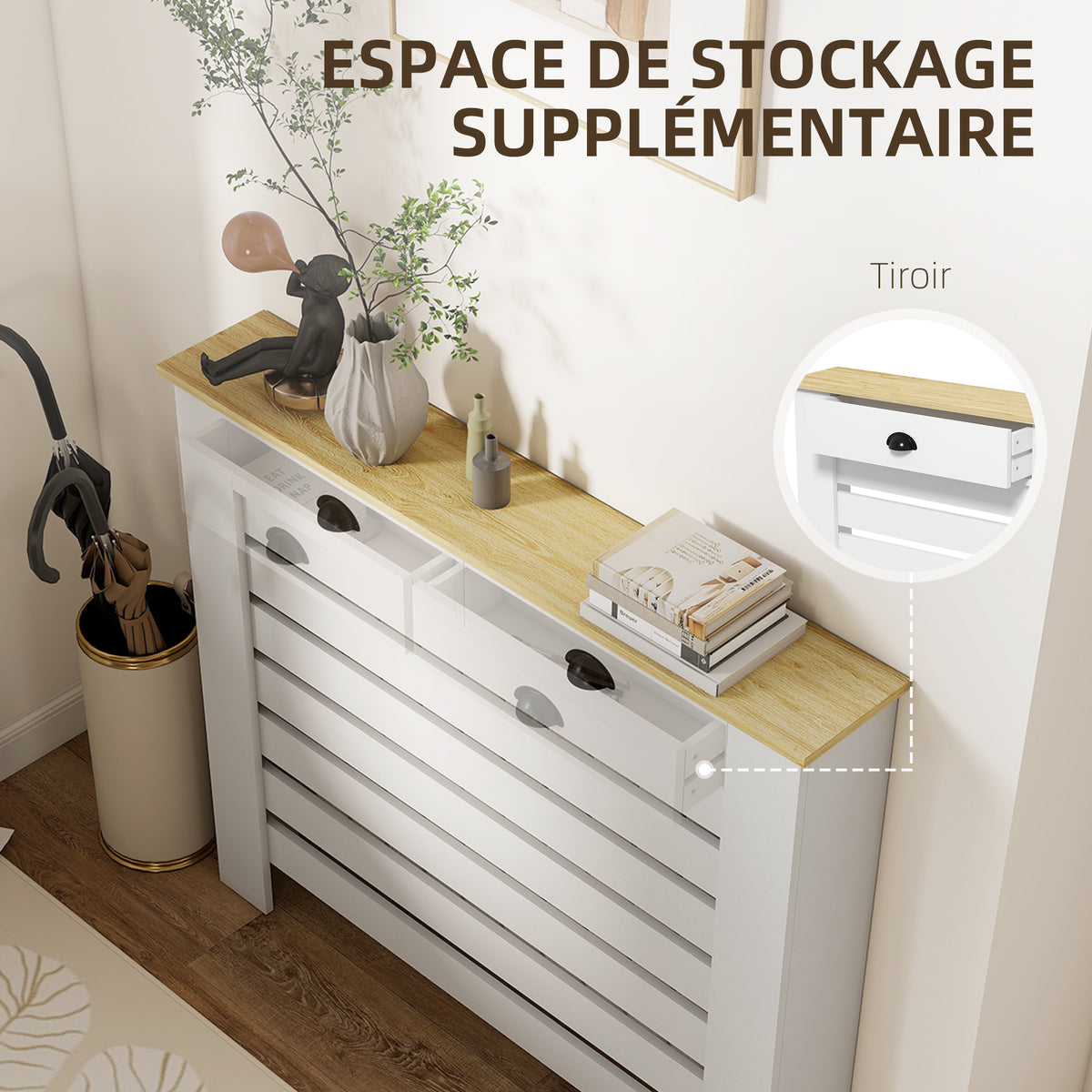 Couvercle de radiateur cache radiateur grille à lattes horizontales avec 2 tiroirs en bois 111l x 19P x 95,5H cm blanc