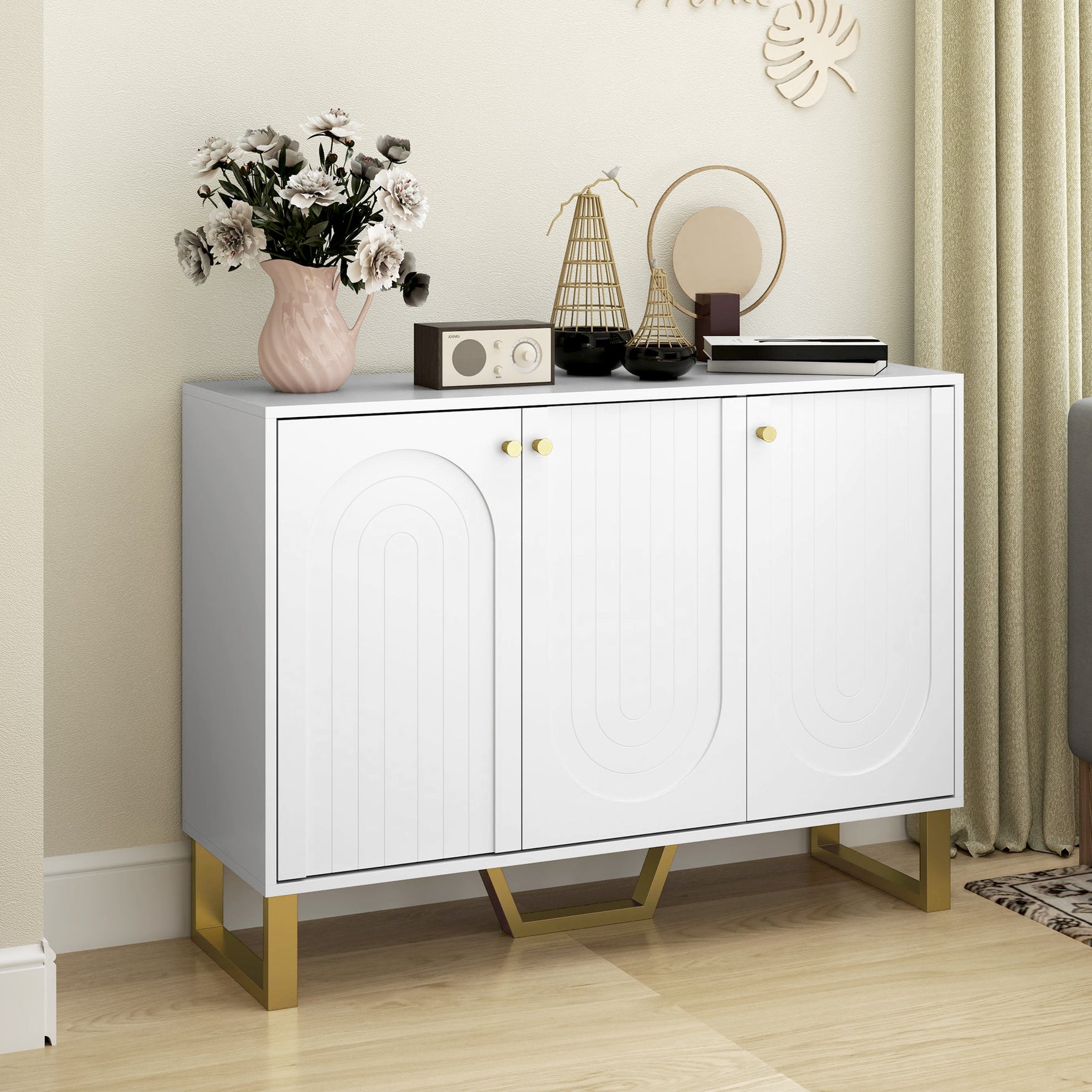 Buffet de salon avec placard à portes et étagère réglable, 106,5 x 35 x 77,5 cm, blanc