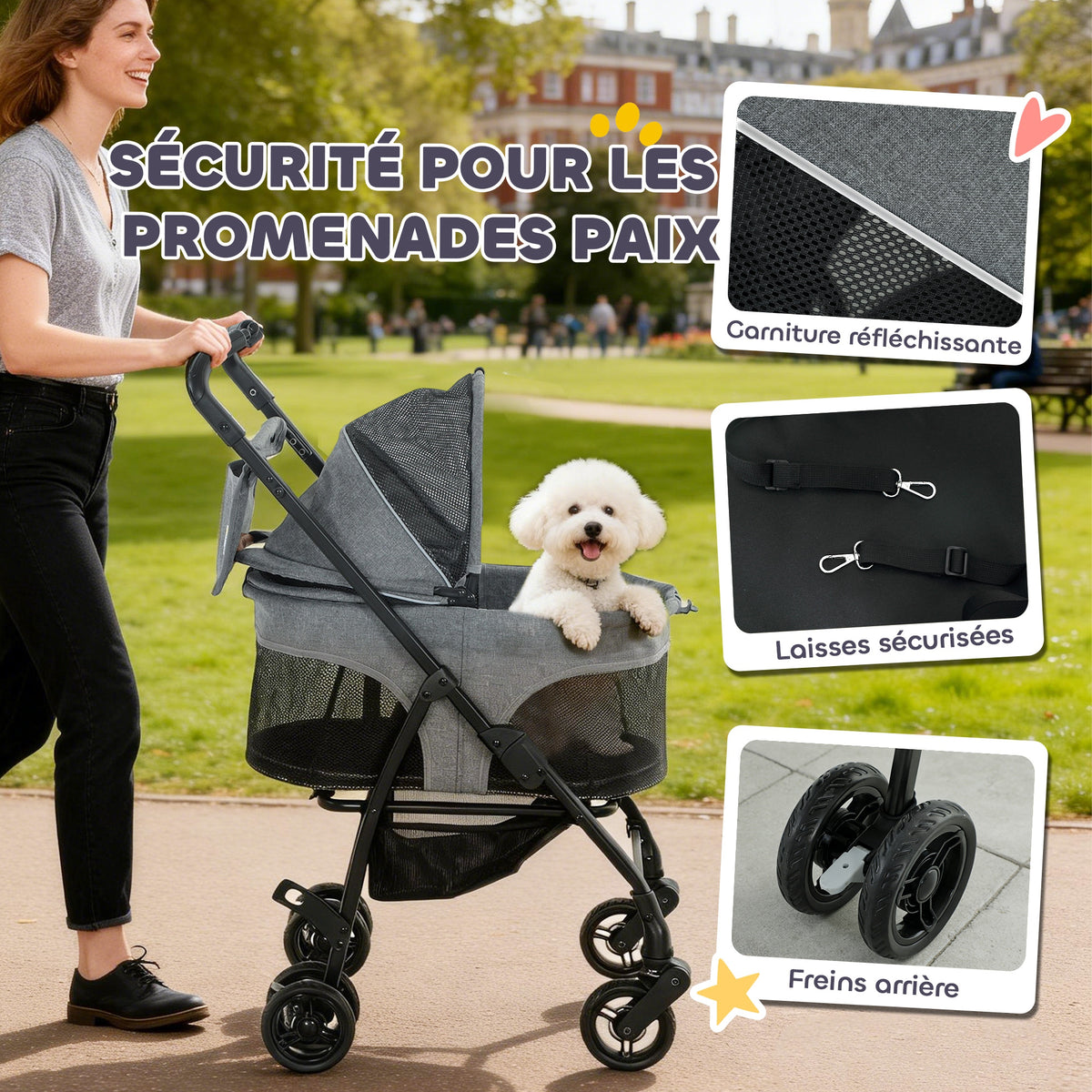 Hondenbuggy 3-in-1 Afneembaar Opvouwbaar Uitneembare Reiswieg en Ritsloos Vering Grijs