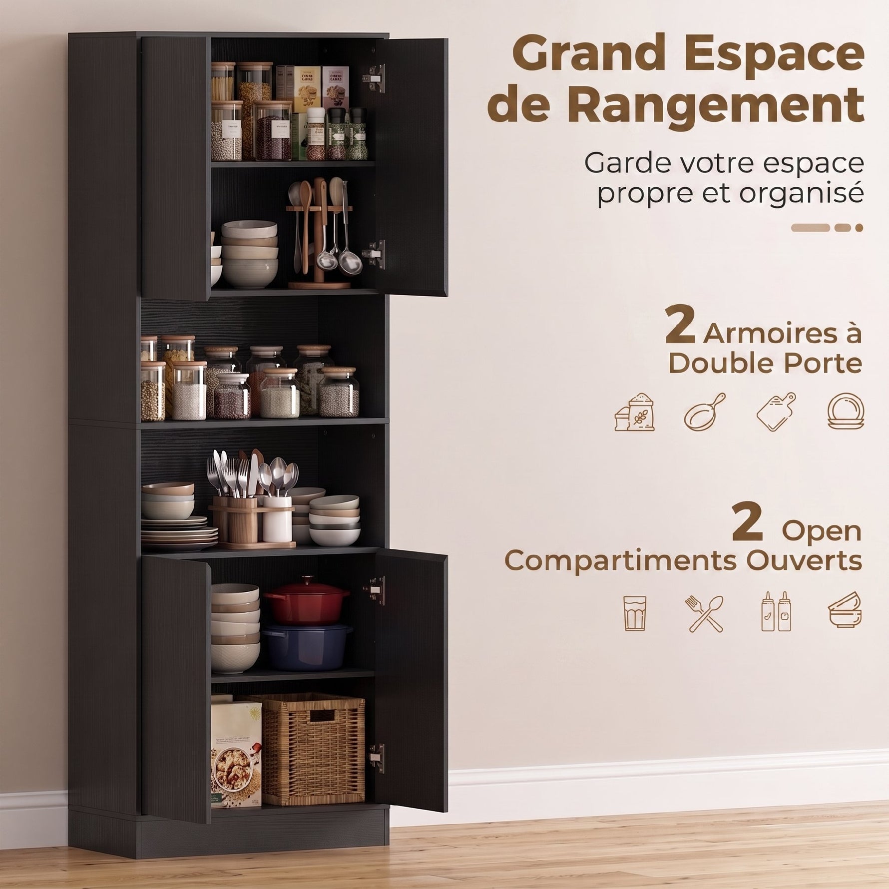 Buffet Haut Cuisine, Armoire de Cuisine, 4 Portes à Fermeture Douce, 2 Compartiments Ouverts et Étagères Réglables, Noir