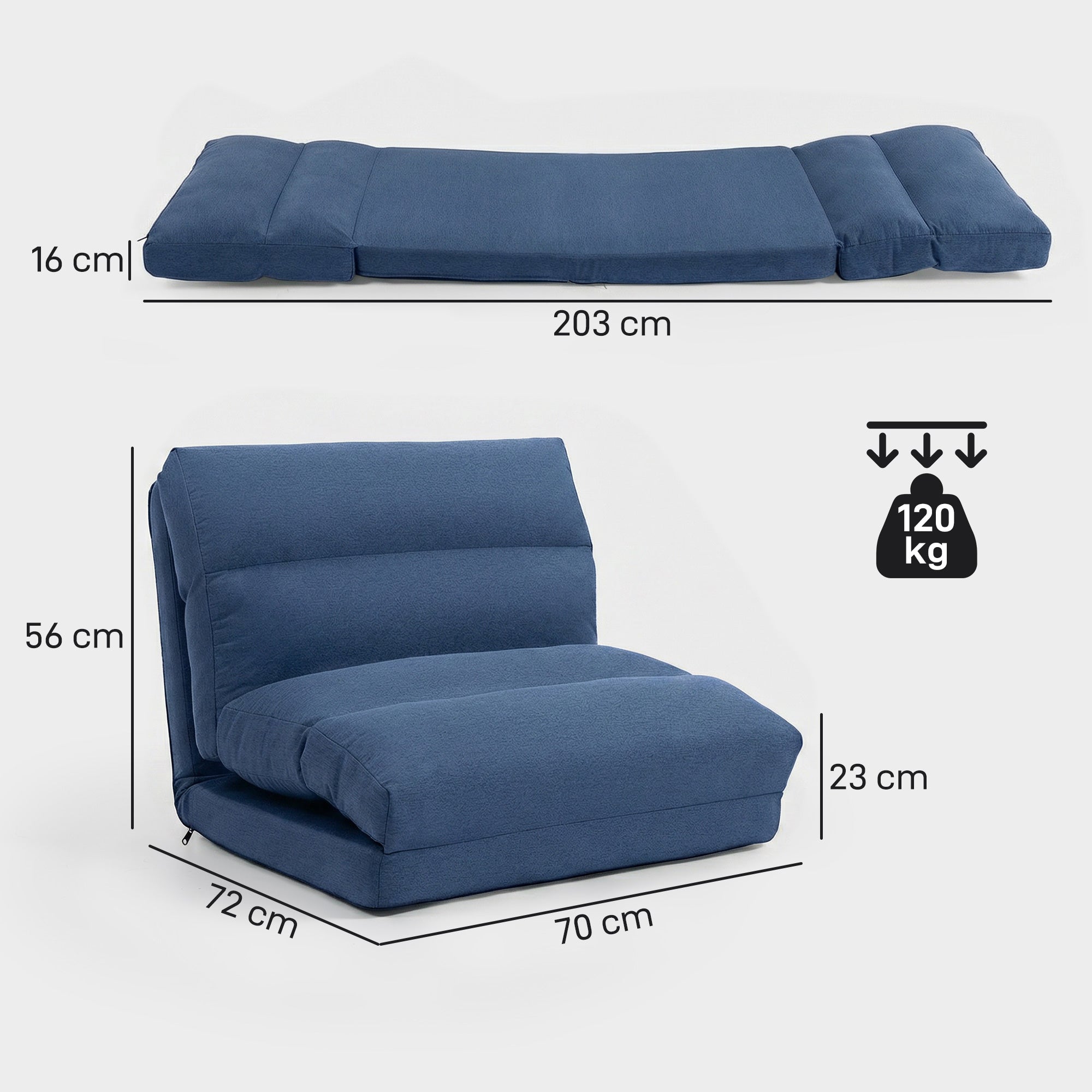 Fauteuil de sol canapé paresseux fauteuil convertible en lit inclinable 90° à 180° tissu - 70 x 72 x 56 cm - bleu foncé