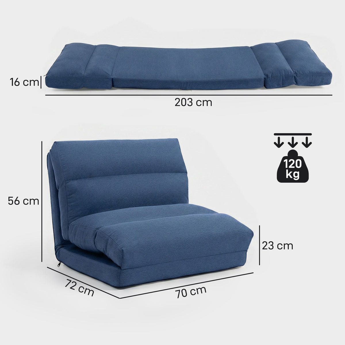 Fauteuil de sol canapé paresseux fauteuil convertible en lit inclinable 90° à 180° tissu - 70 x 72 x 56 cm - bleu foncé