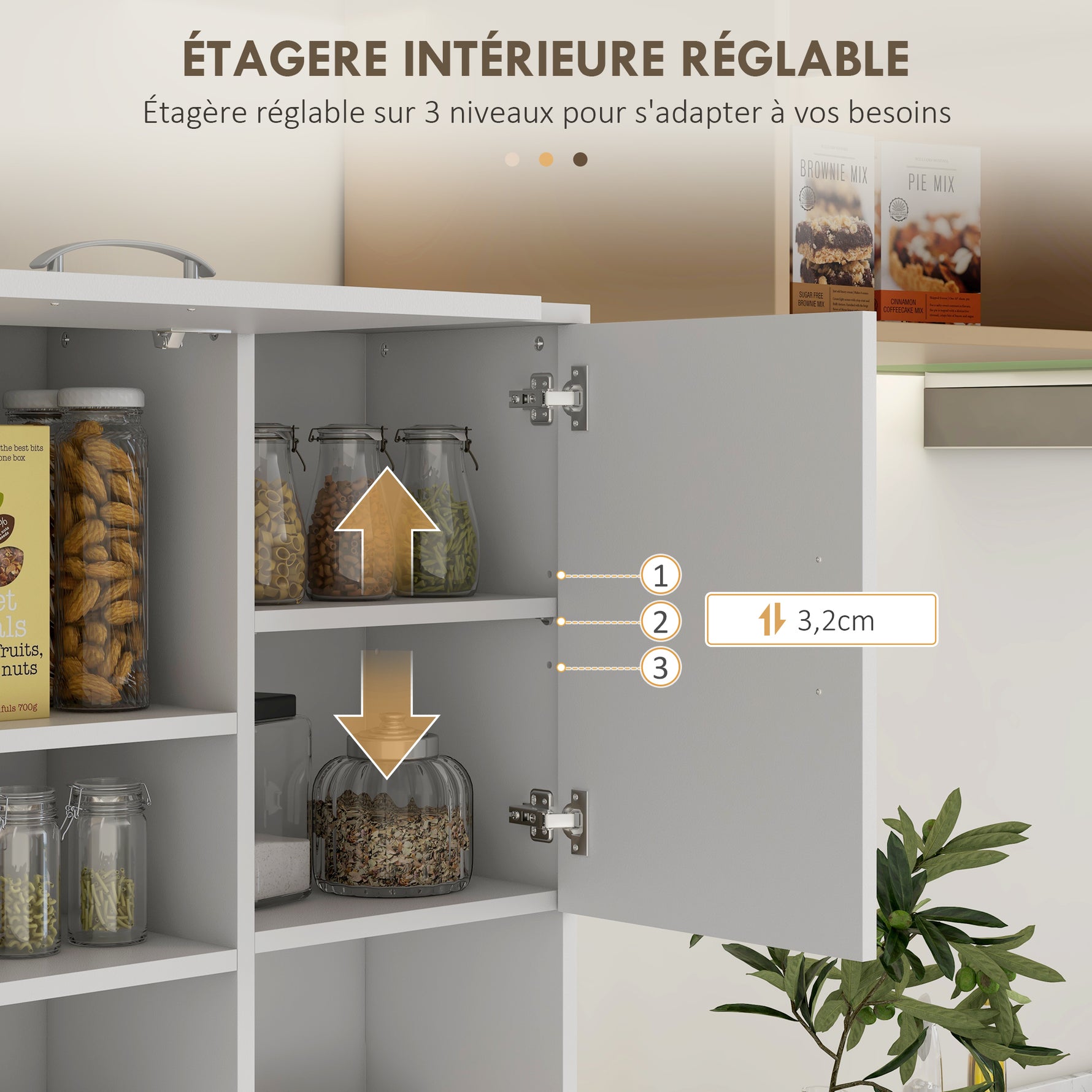Armoire de cuisine multi-rangements 4 portes 3 tiroirs étagère + grand plateau 89L x 39,5l x 168H cm blanc