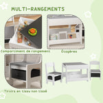 Ensemble 3 pièces table et 2 chaises pour enfant avec plateau réversible tableau noir, panier de rangement, étagères