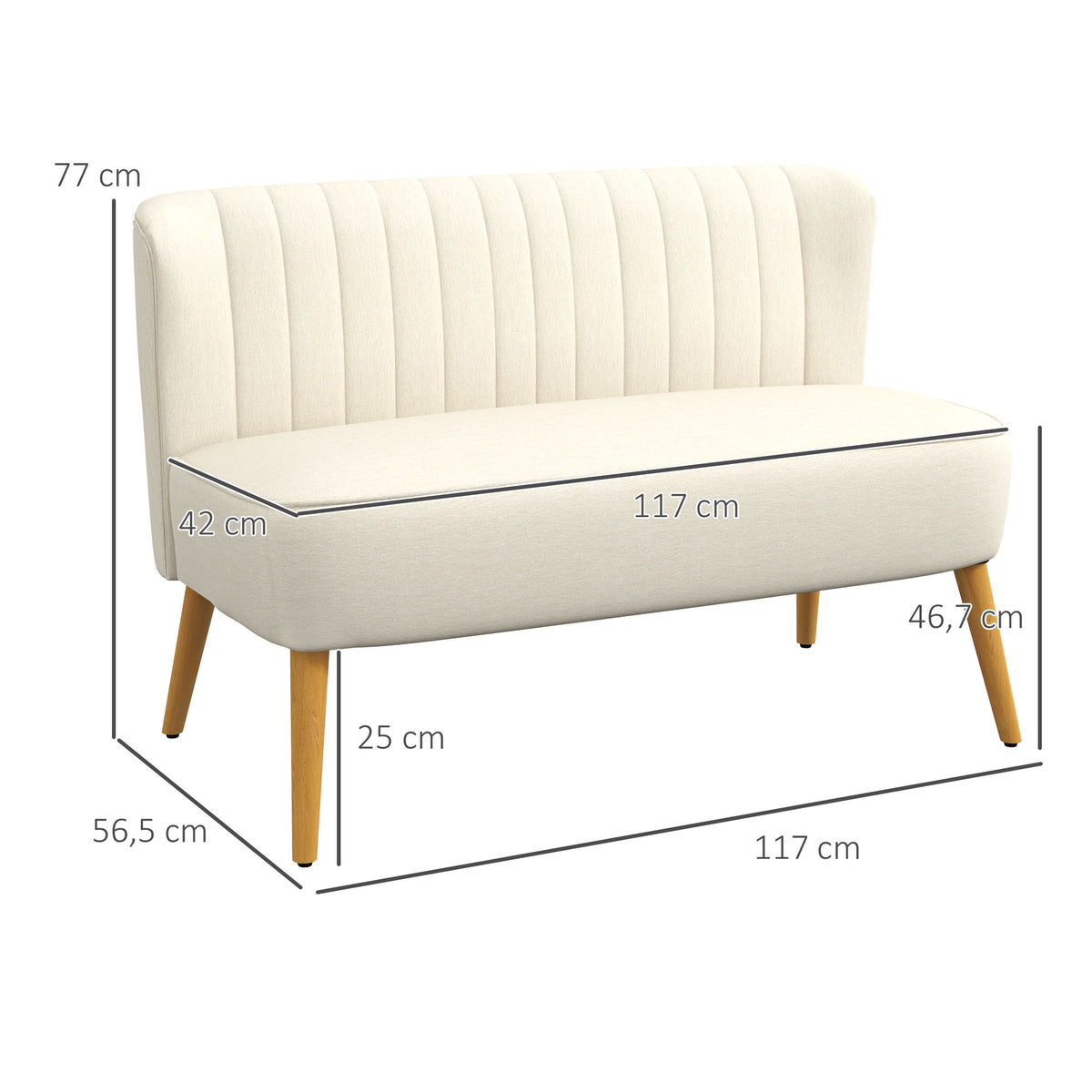 Canapé 2 places, canapé de salon en tissu aspect lin, assise rembourrée et pieds en bois d'hévéa, 117x56,5x77cm, crème