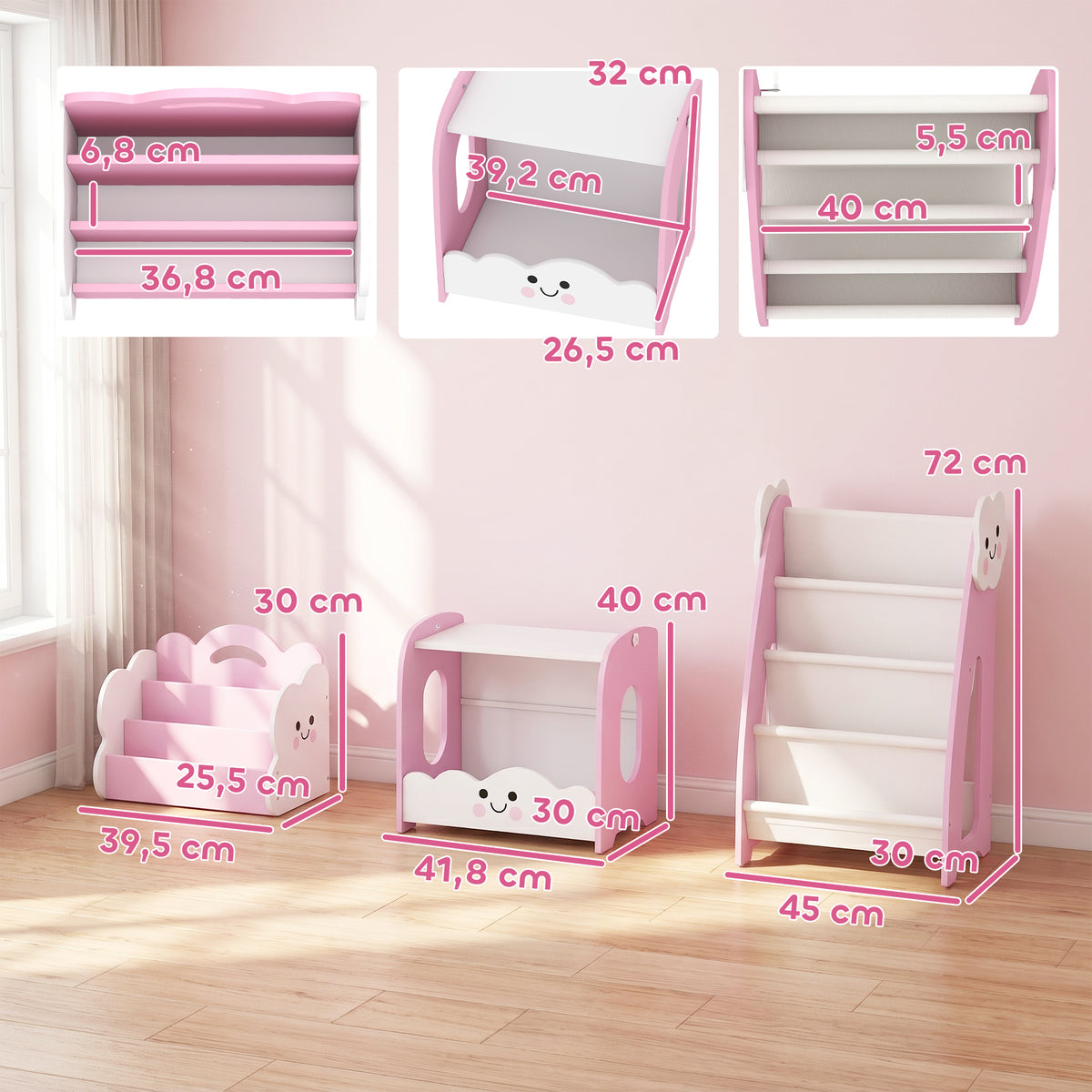 Meuble rangement enfant 3 à 8 ans, rangement jouets enfant modulaire avec porte-magazines à 4 étagères, rose