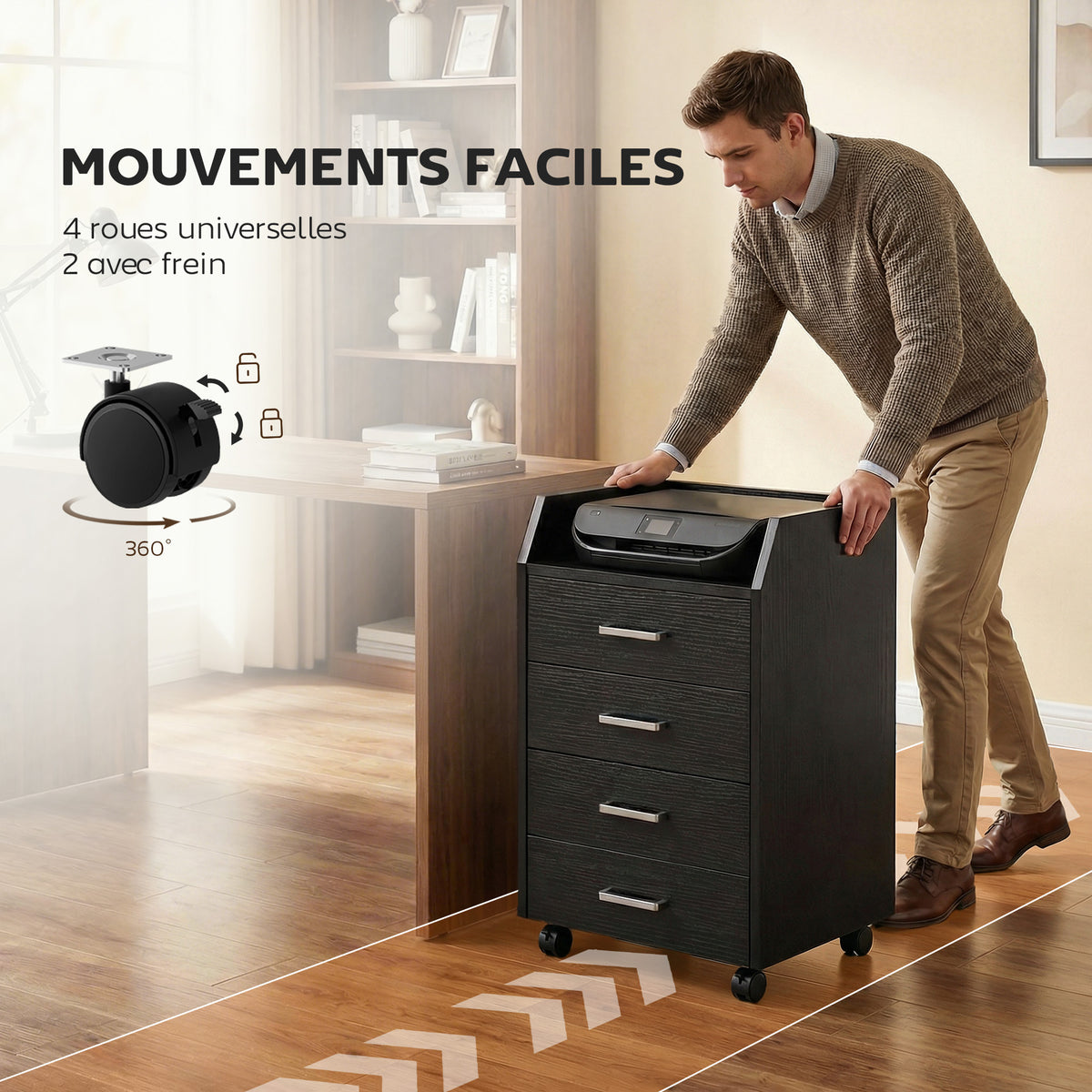 Caisson de bureau rangement sur roulettes 4 tiroirs coulissants en bois  40 x 36 x 65 cm noir