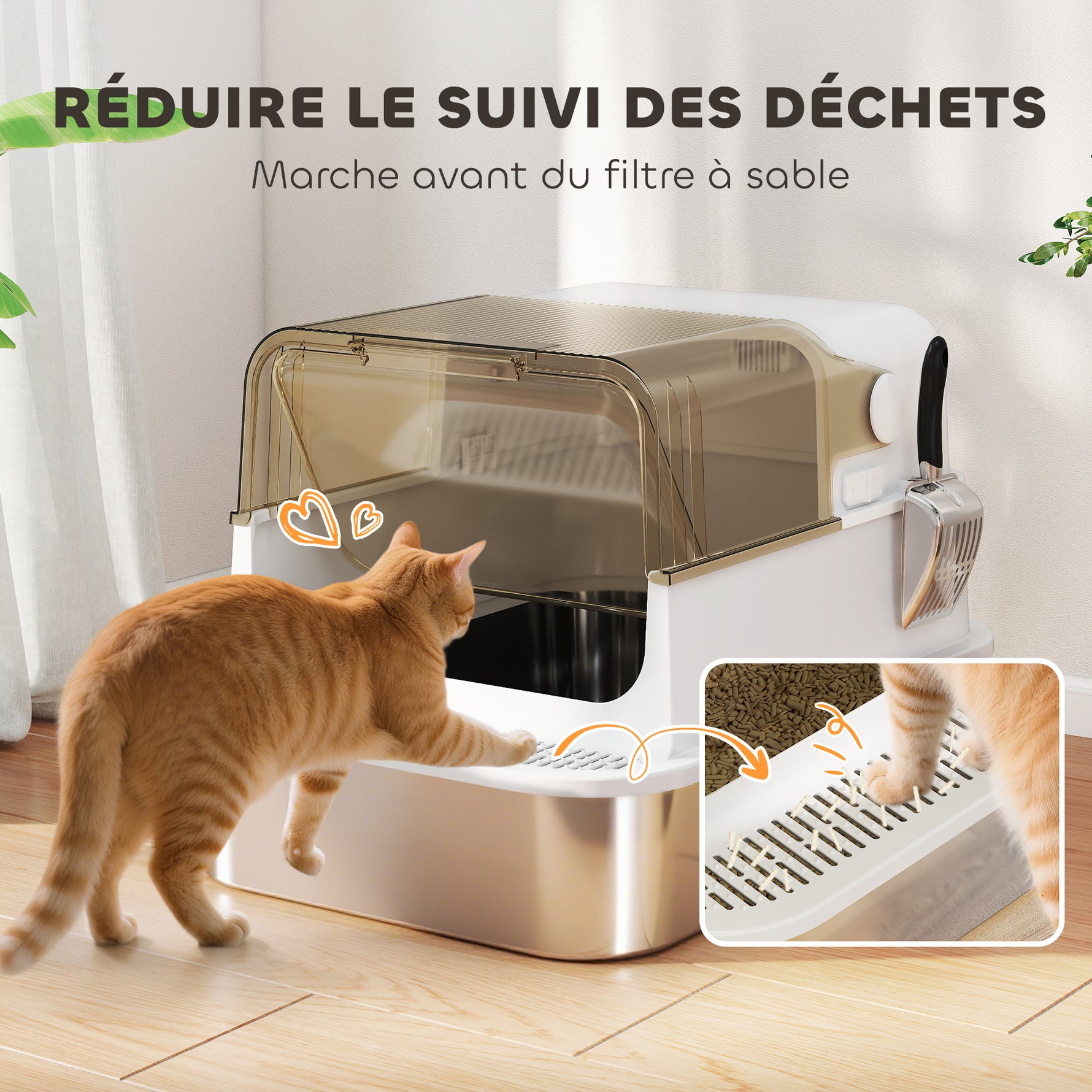 Bac à litière pour chat fermé en acier inoxydable, maison de toilette pour chat avec pelle, 70 x 50 x 46,5 cm, blanc