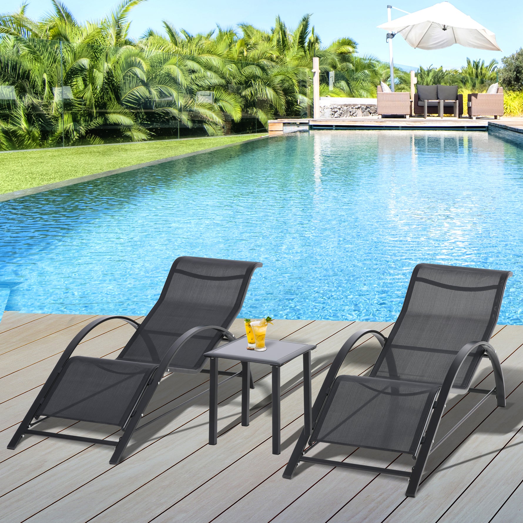 Lot de 2 bains de soleil chaise longue design contemporain table basse plateau verre trempé métal époxy textilène noir