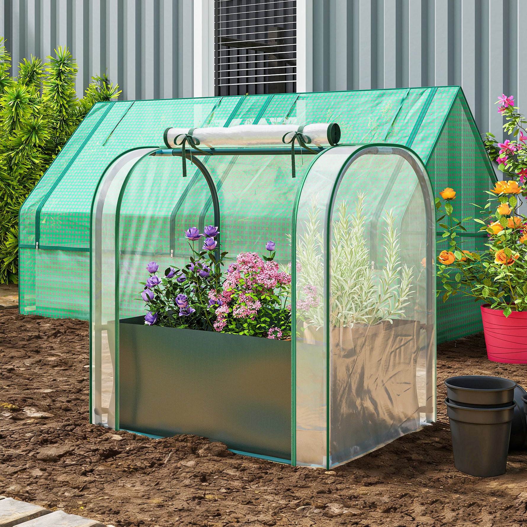 Mini Serre avec Sac de Plantation, Serre Portable avec porte enroulable, 68 x 50 x 70 cm, Vert Foncé