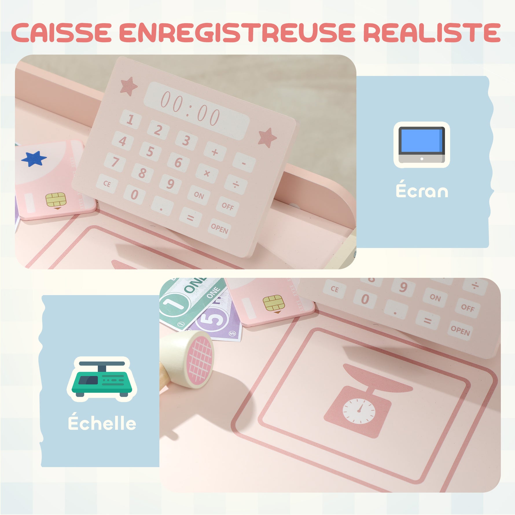 Supermarché pour enfant, marchande en bois, caisse enregistreuse, distributeur et accessoires, 90,7x60x73,8cm, vert