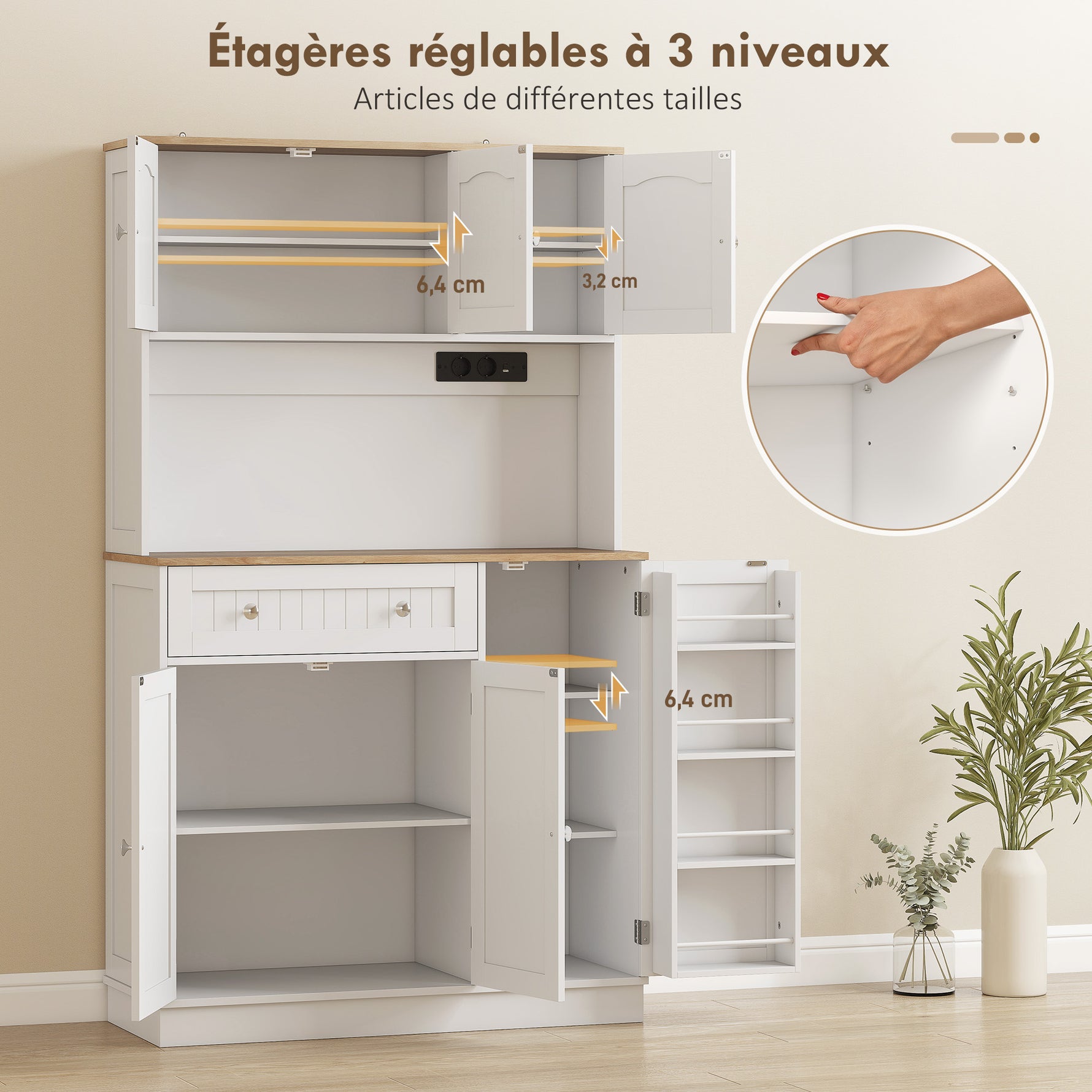 Buffet haut cuisine, armoire de cuisine, station de charge, 6 portes, plan de travail, porte-épices, 100x40x173cm, blanc