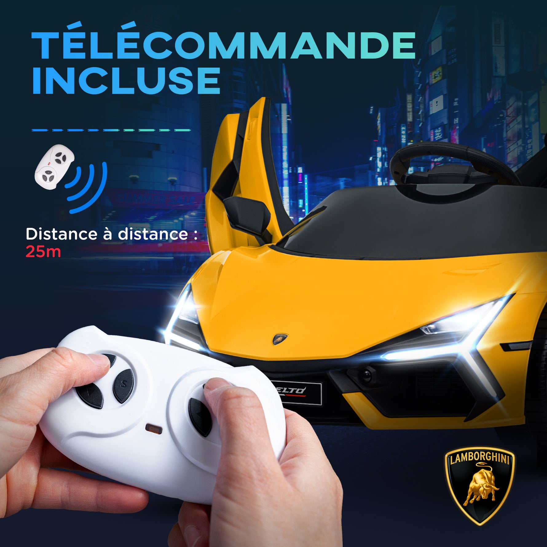 Voiture électrique 12V sous licence Lamborghini Revue véhicule électrique télécommande vitesse 3-5 km/h 3-5 ans jaune