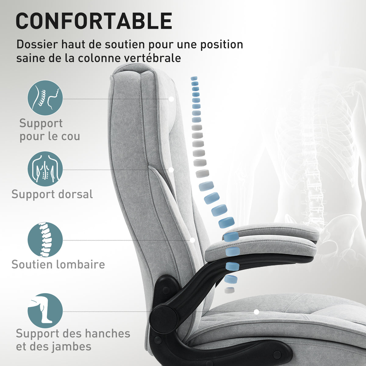 Fauteuil de bureau, chaise bureau ergonomique, hauteur réglable, accoudoirs relevables, 70 x 70 x 114-122 cm, gris
