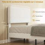 Cadre de Lit 140x190cm avec Sommier, Tête de Lit Réglable, Lit Double Rembourré en Velours Teddy, Lattes en Métal, Blanc