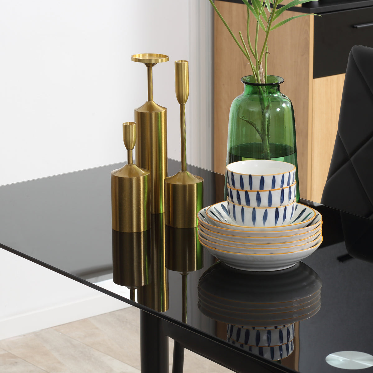 Dining table set with 4 chairs, tempered glass top, steel legs, for kitchen, living room, black