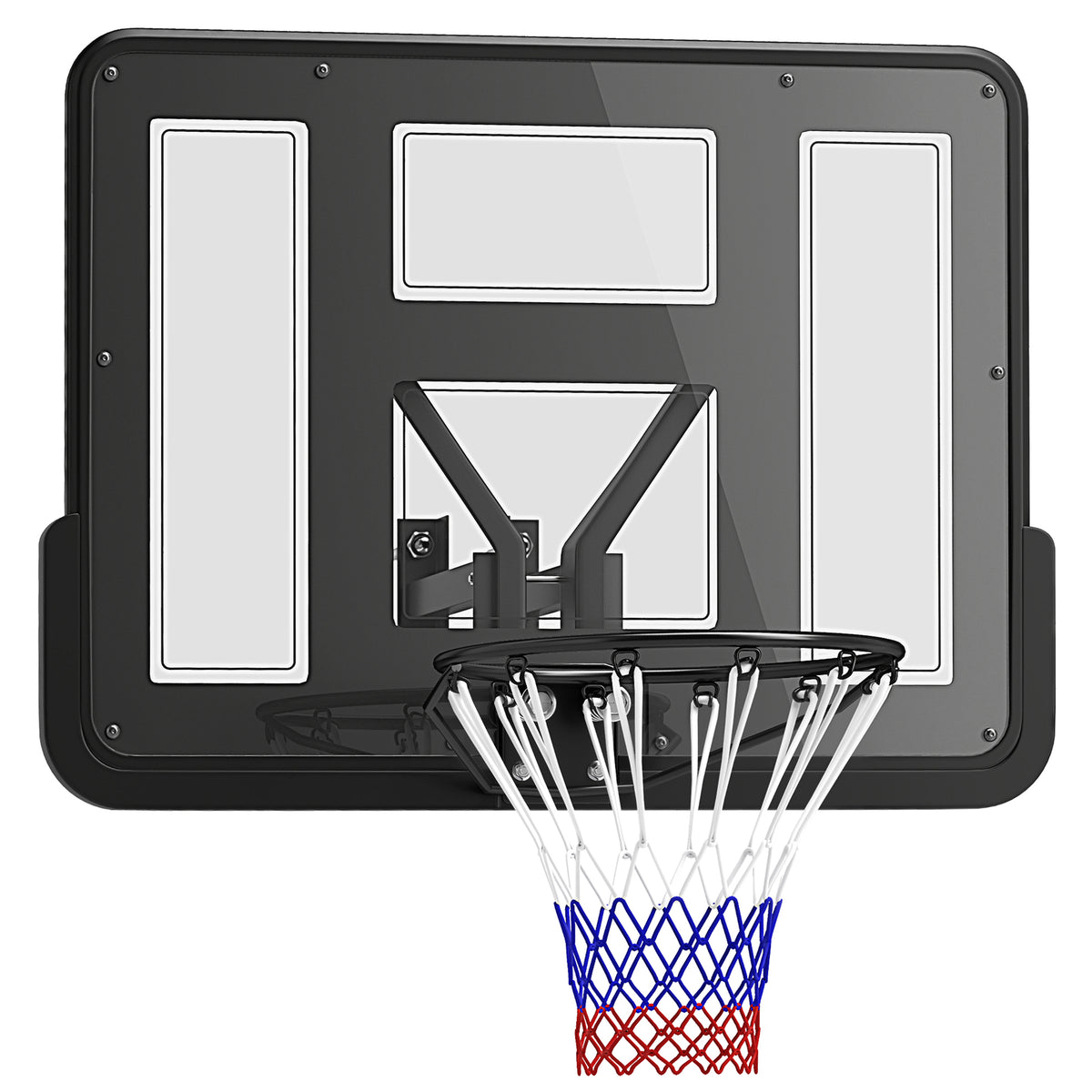 Panier de basket mural panier basket avec panneau incassable cerceau en acier et filet indéchirable 110L x 75H cm noir