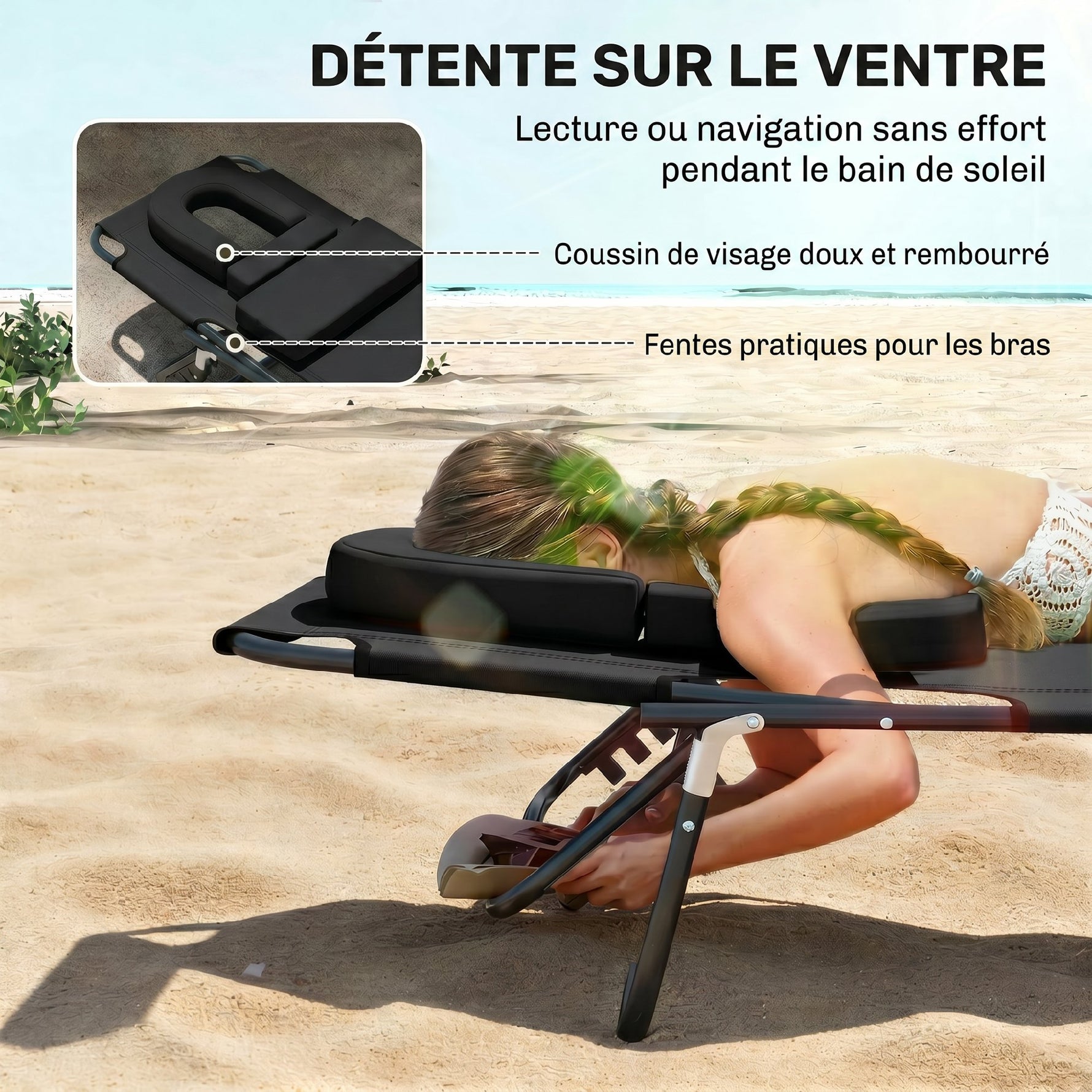 Transat de Jardin Chaise Longue Pliante Bain de Soleil pour Lecture Noir