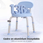 Tabouret de Douche Ronde Pivotant 360°, Hauteur Réglable, Dossier, Pieds Antidérapants, 38,5x37,5x75cm, Bleu Clair