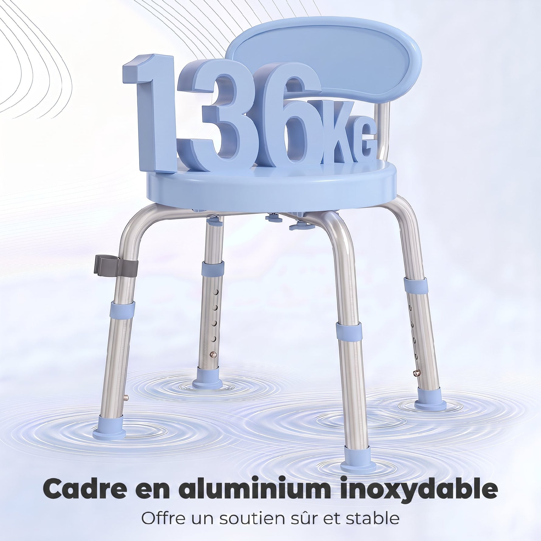 Tabouret de Douche Ronde Pivotant 360°, Hauteur Réglable, Dossier, Pieds Antidérapants, 38,5x37,5x75cm, Bleu Clair