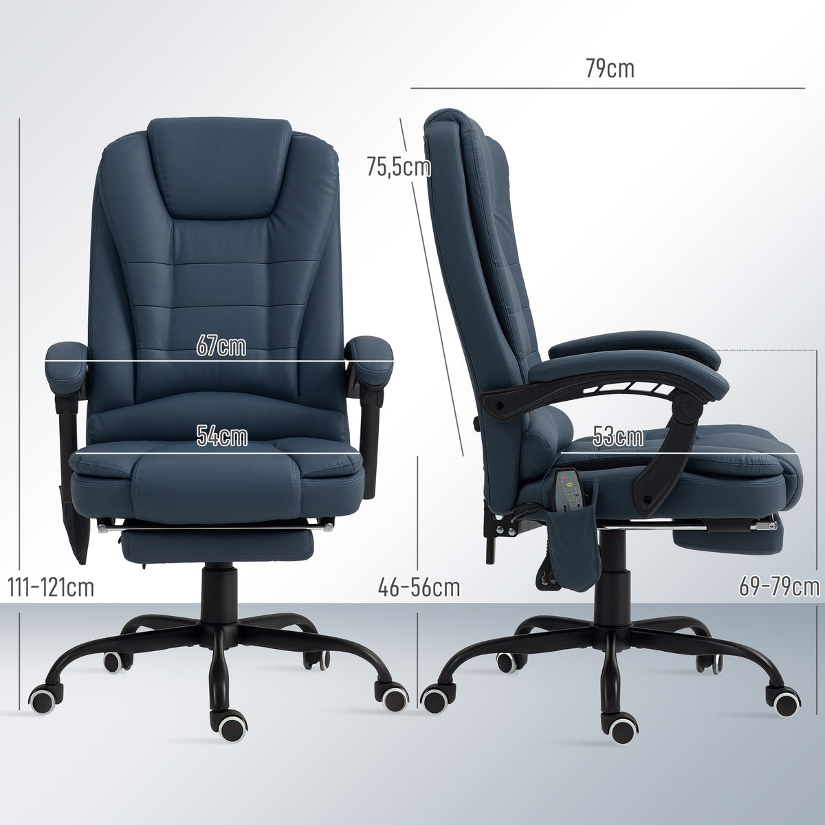 Fauteuil de bureau massant, chaise de bureau avec hauteur réglable, dossier inclinable et télécommande filaire, bleu