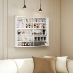 Vitrina de pared para objetos de colección, 4 estantes de altura regulable y 2 puertas correderas, 80 x 9,5 x 60 cm, blanco