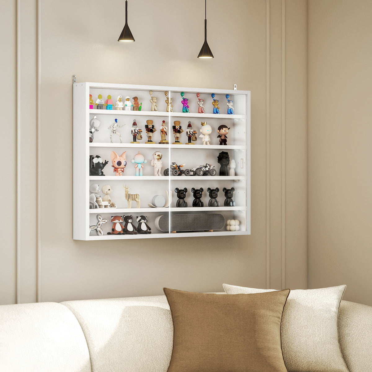 Vitrina de pared para objetos de colección, 4 estantes de altura regulable y 2 puertas correderas, 80 x 9,5 x 60 cm, blanco