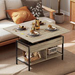 Table basse relevable et extensible, table de salon avec compartiment caché étagères ouvertes, 98x49x55cm, bois naturel