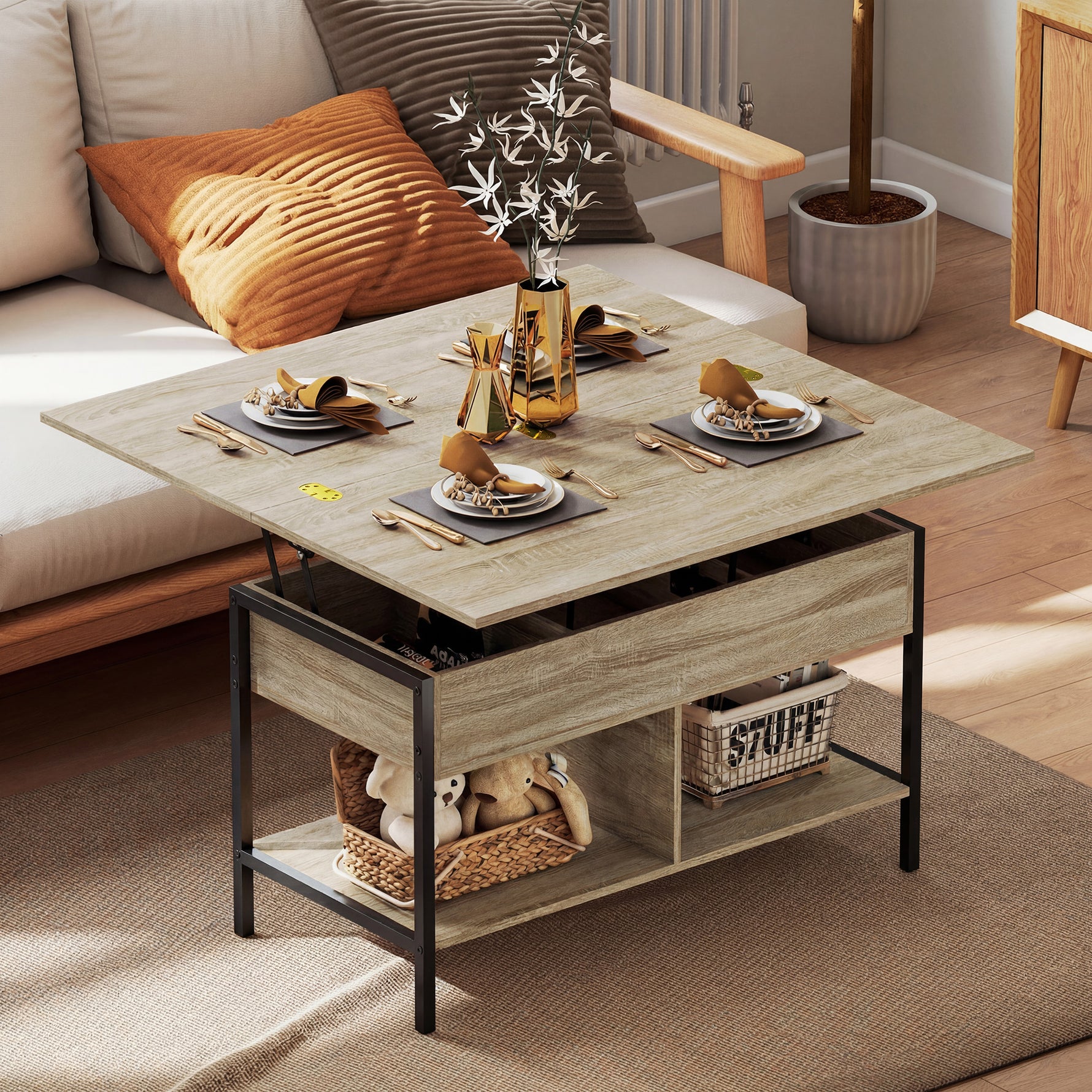 Table basse relevable et extensible, table de salon avec compartiment caché étagères ouvertes, 98x49x55cm, bois naturel