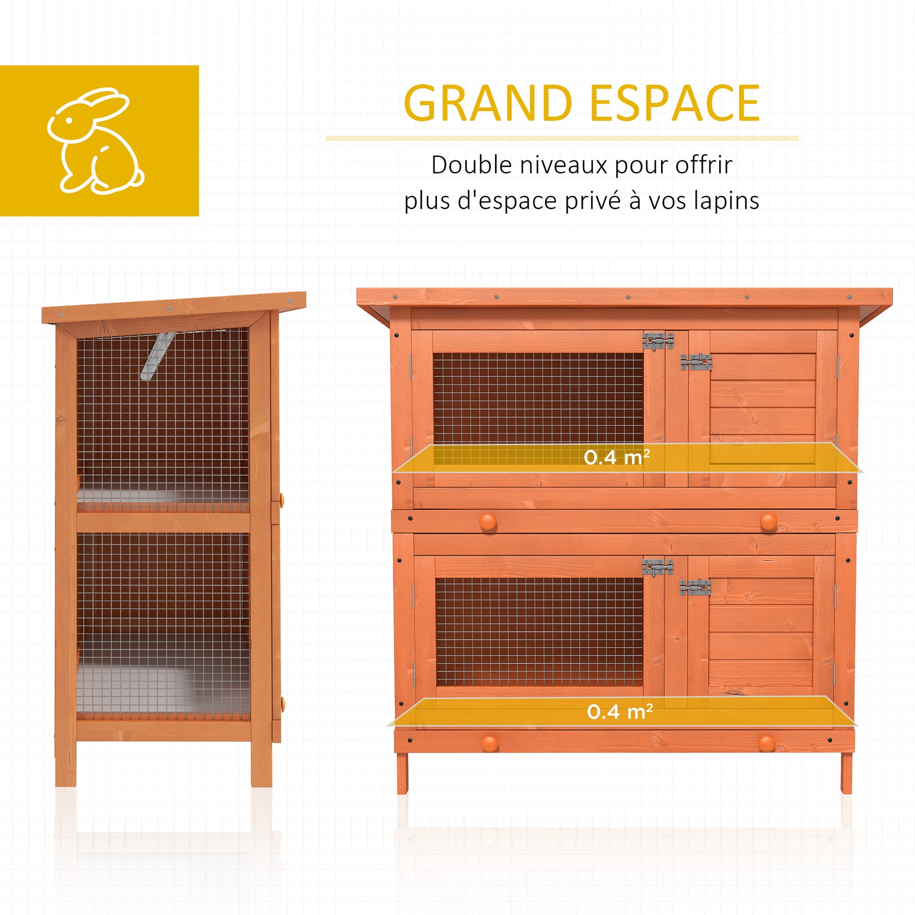 Clapier à lapin cage à lapin double niveau plateaux coulissants 4 portes verrouillables toit ouvrant 90L x 45l x 90H cm