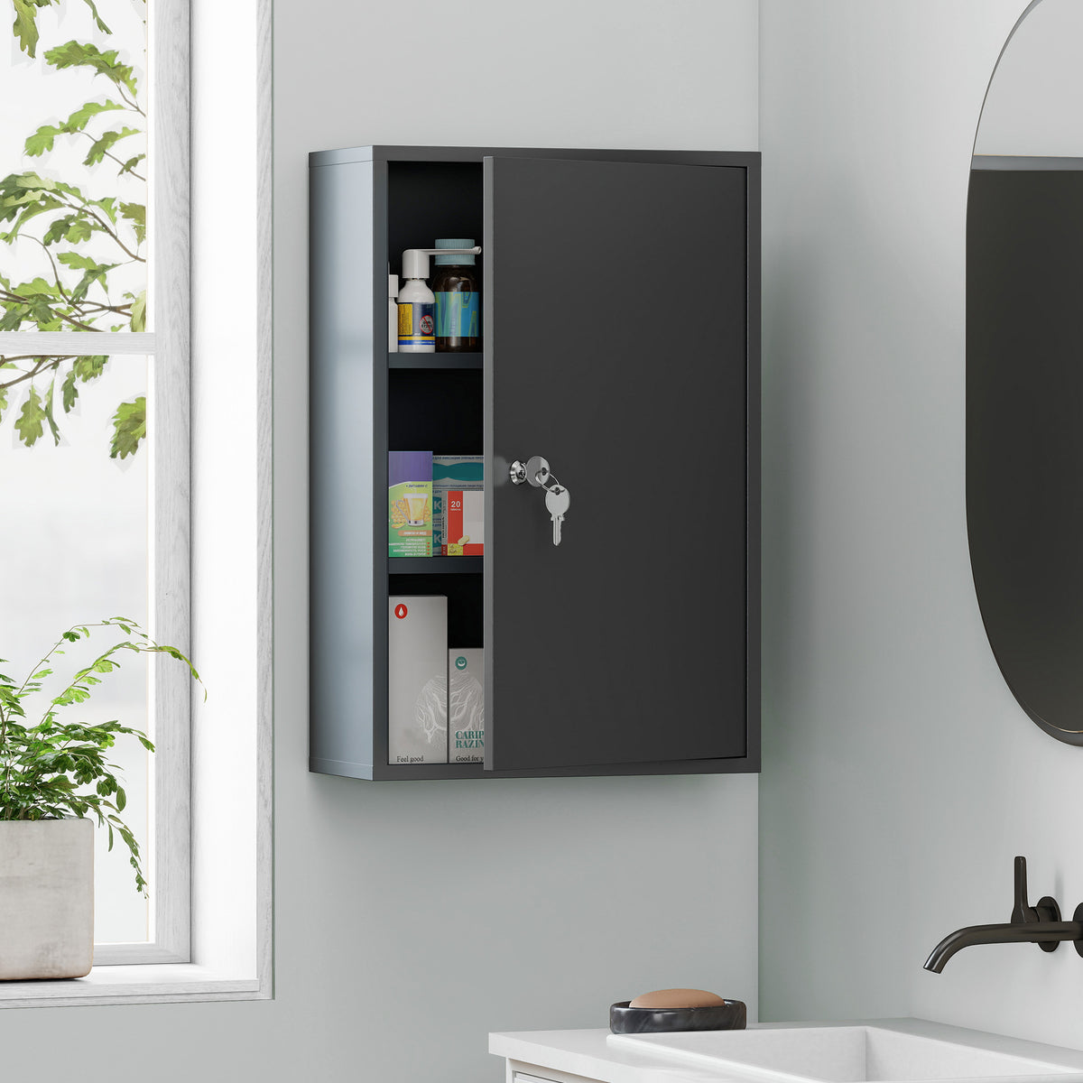 Armadietto portamedicinali a 2 ripiani, 3 livelli, chiudibile a chiave, dim. 40L x 18P x 60A cm, 2 chiavi, metallo, grigio fumé