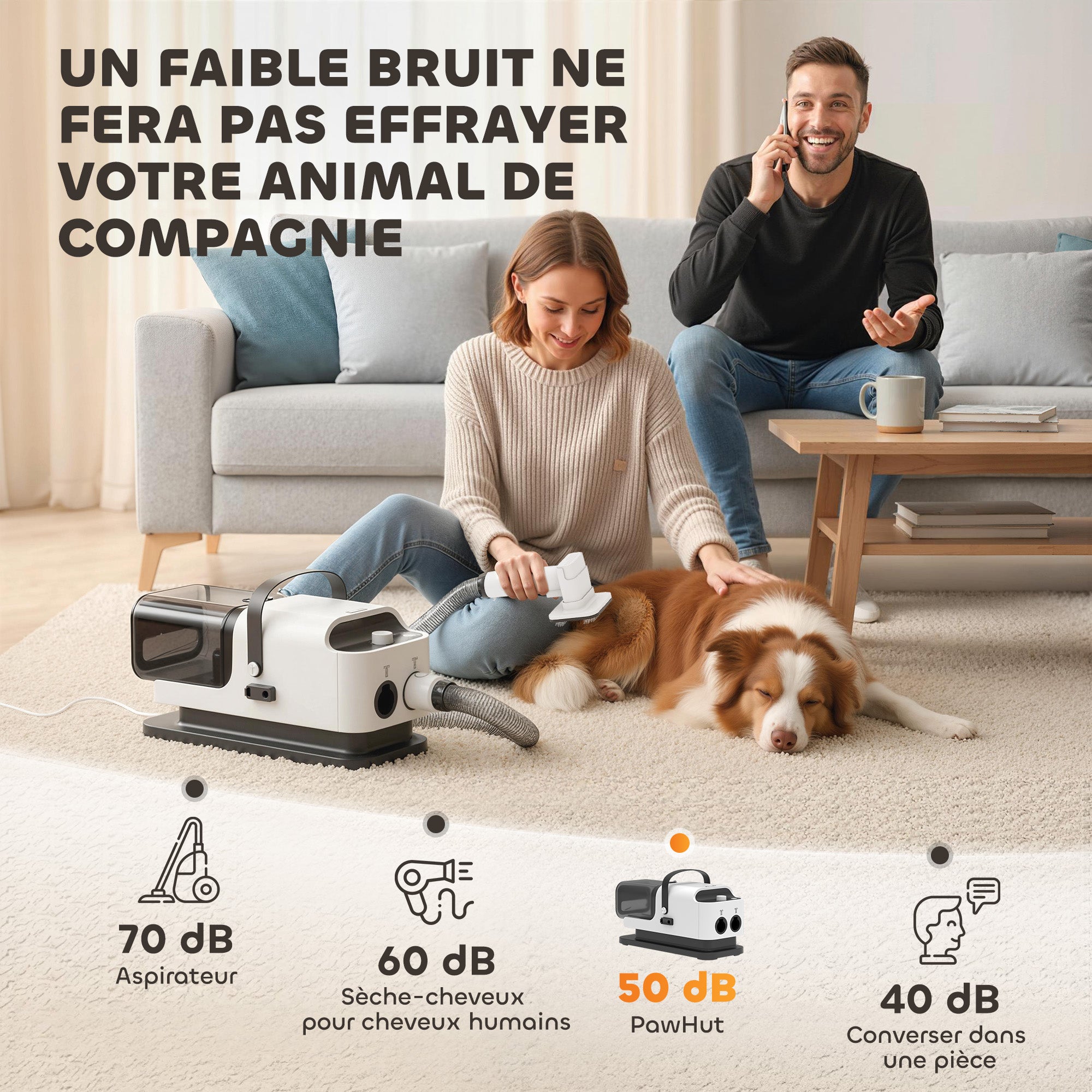 Aspirapolvere per peli di cane e asciugacapelli kit toelettatura professionale 5-in-1 12kPa 50dB 37,6x17,5x18,5cm bianco