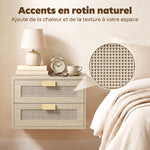 Lot de 2 Tables de Chevet Murales, Tables de Nuit Suspendues avec 2 Tiroirs et Plateau à Effet Rotin, Chêne