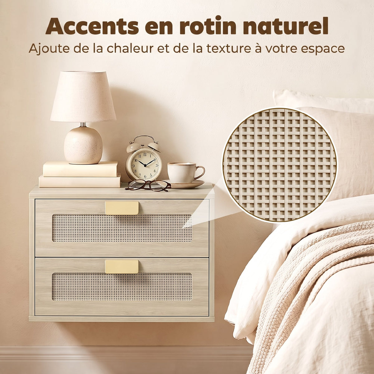 Lot de 2 Tables de Chevet Murales, Tables de Nuit Suspendues avec 2 Tiroirs et Plateau à Effet Rotin, Chêne
