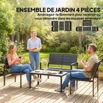 Salon de Jardin Extérieur 4 Pièces, Canapé 2 Places, 2 Chaises, Table Basse, Mobilier de Jardin en HDPE Effet Bois Noir