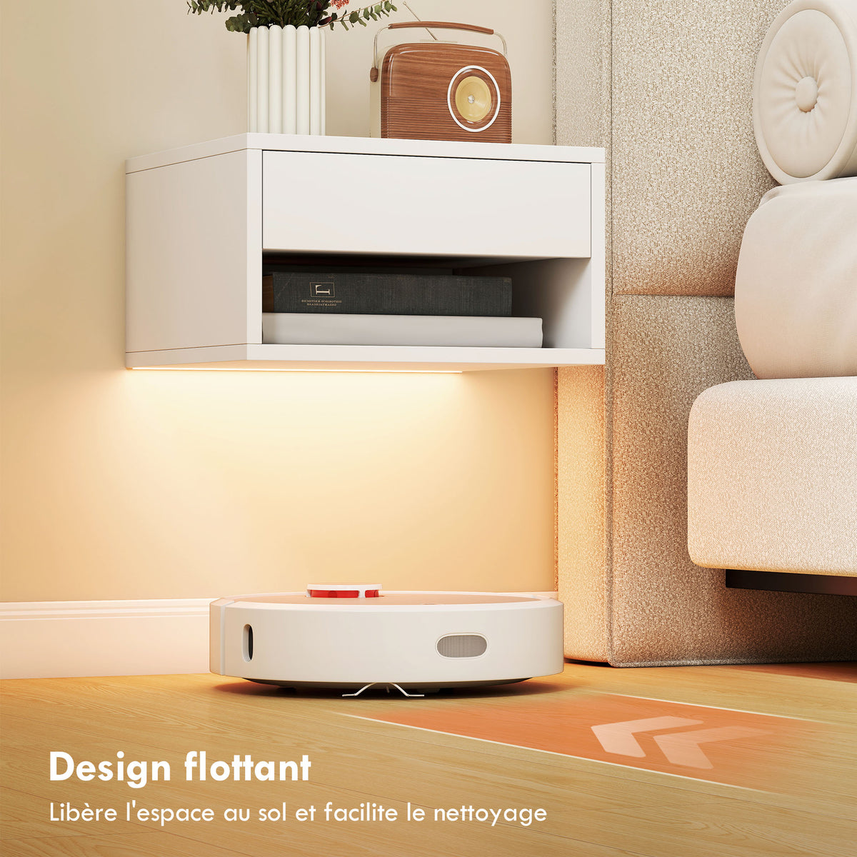 Lot de 2 tables de chevet suspendues avec éclairage LED RGB contrôle par application, étagère, tiroir, 37x32x21cm, blanc