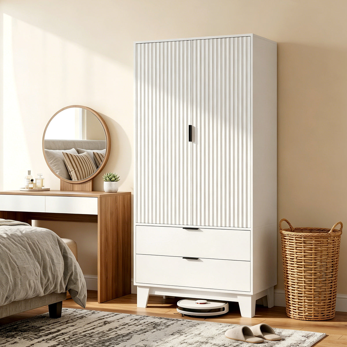 Armoire chambre penderie avec 2 portes à fermeture douce, 2 tiroirs et barre de suspension, 80x50x180cm, blanc