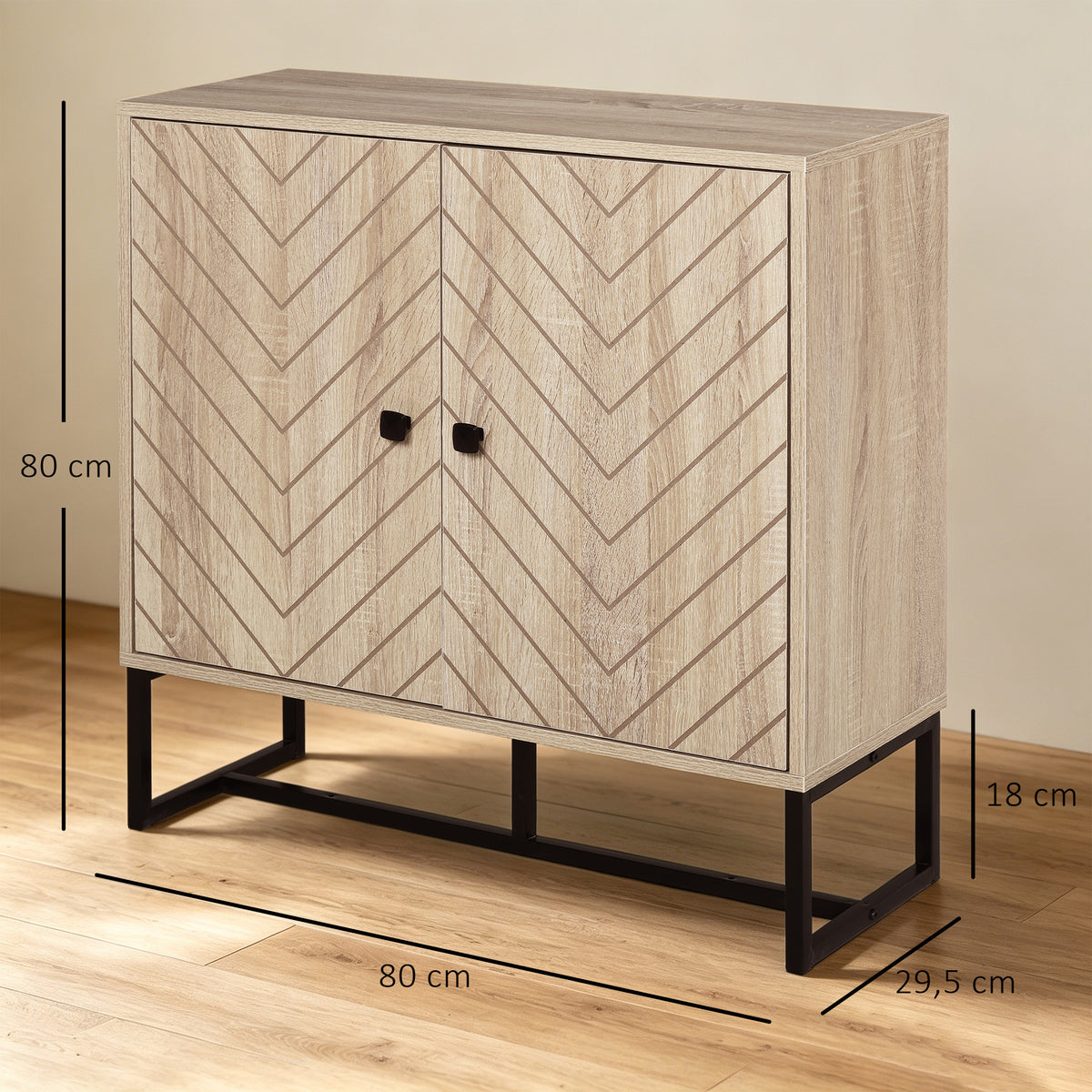 Buffet salon meuble de rangement armoire de cuisine avec placard portes et étagère réglable, motif Chevron, pied métal, style moderne buffet salle à manger et salon, 108 x 40 x 80 cm, chêne-2