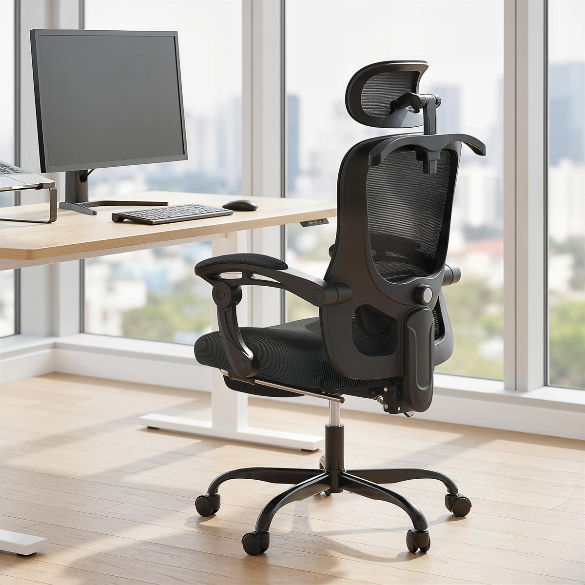 Chaise bureau ergonomique, fauteuil de bureau en maille avec appuie-tête réglable, support lombaire, 64x64x124cm, noir